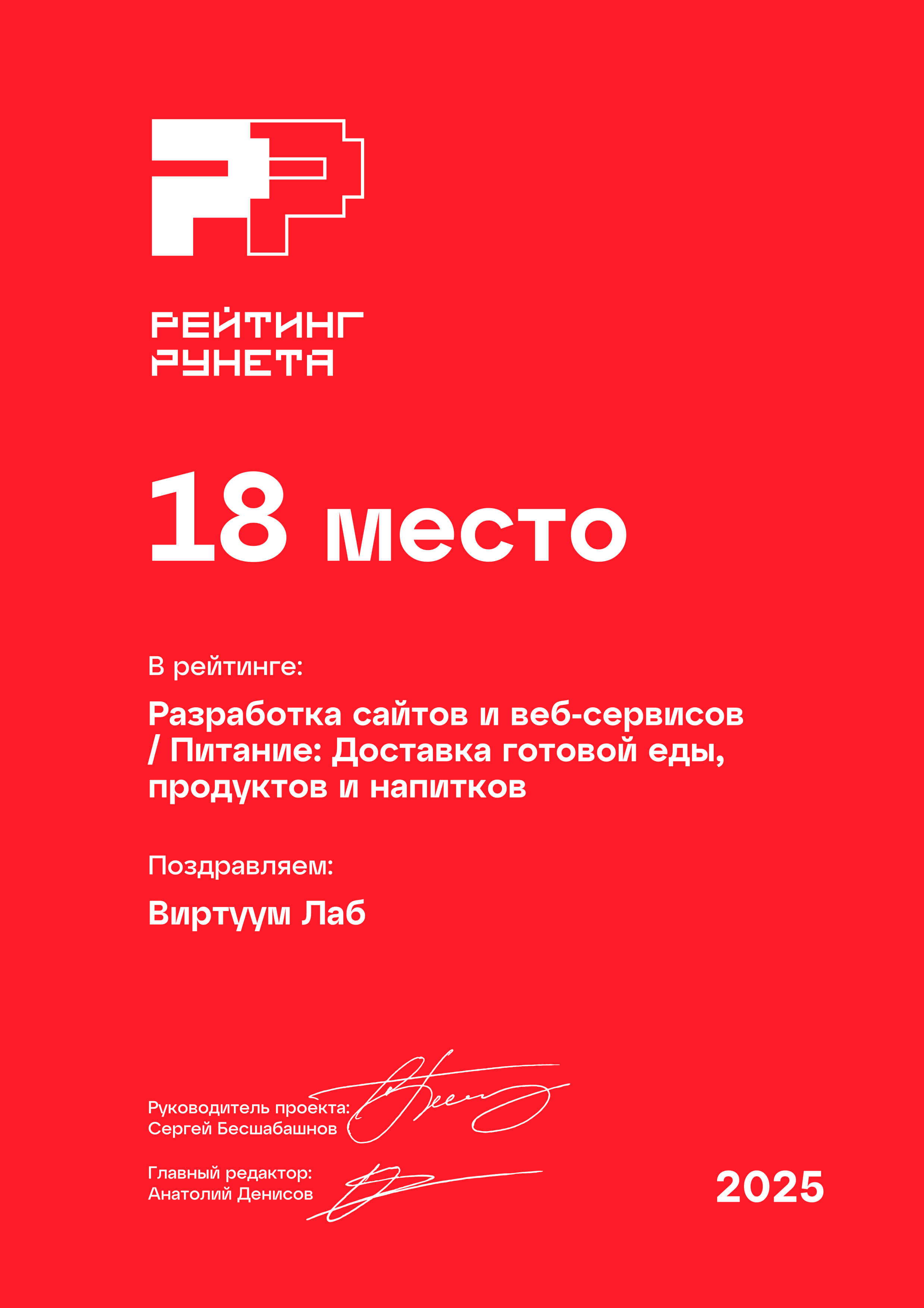 Рейтинг Рунета 2025. Разработка сайтов и веб-сервисов. Питание. Доставка готовой еды, продуктов и напитков. 18 место